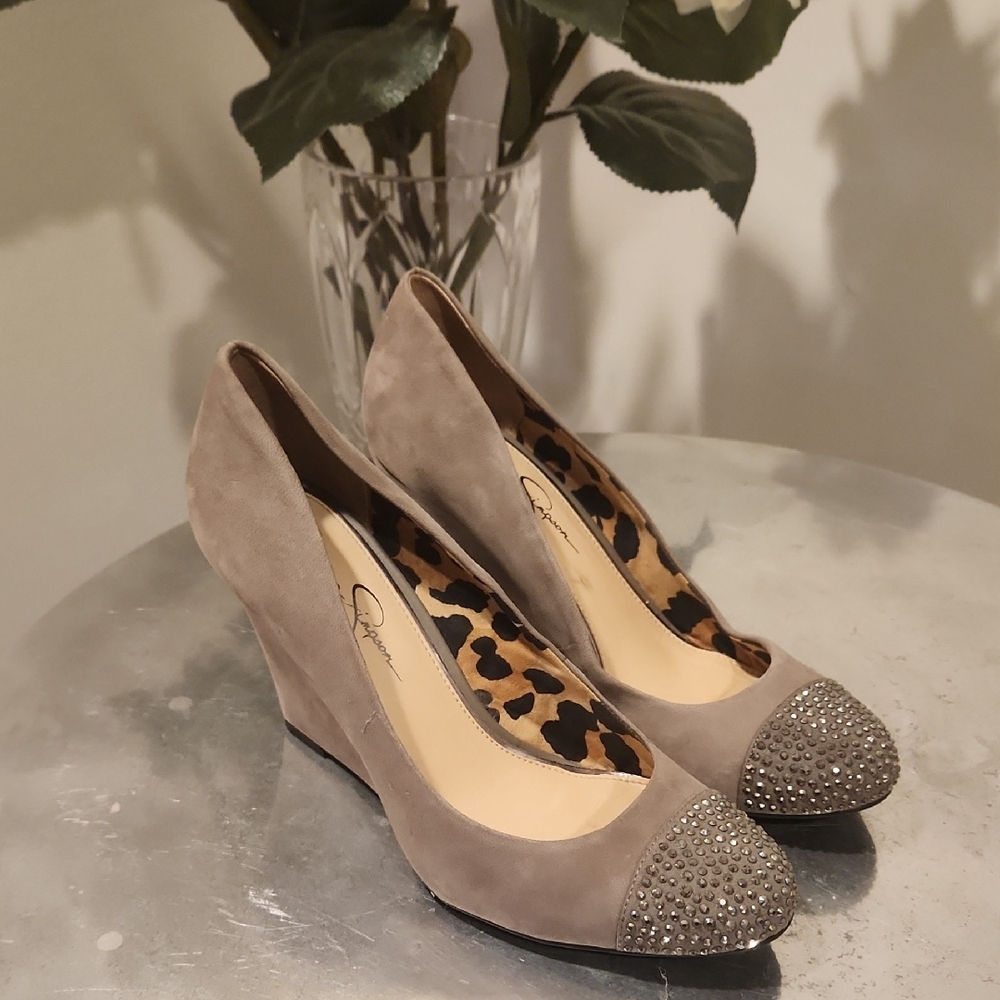 Beautiful Taupe With Studded Toe Wedge Shoe